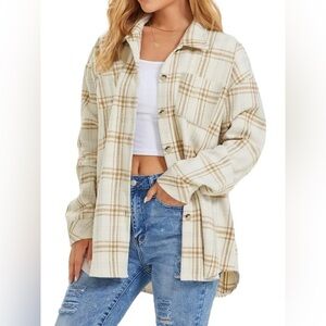 Cream Blue Tan Plaid Oversized Button Down Shirt Jacket L